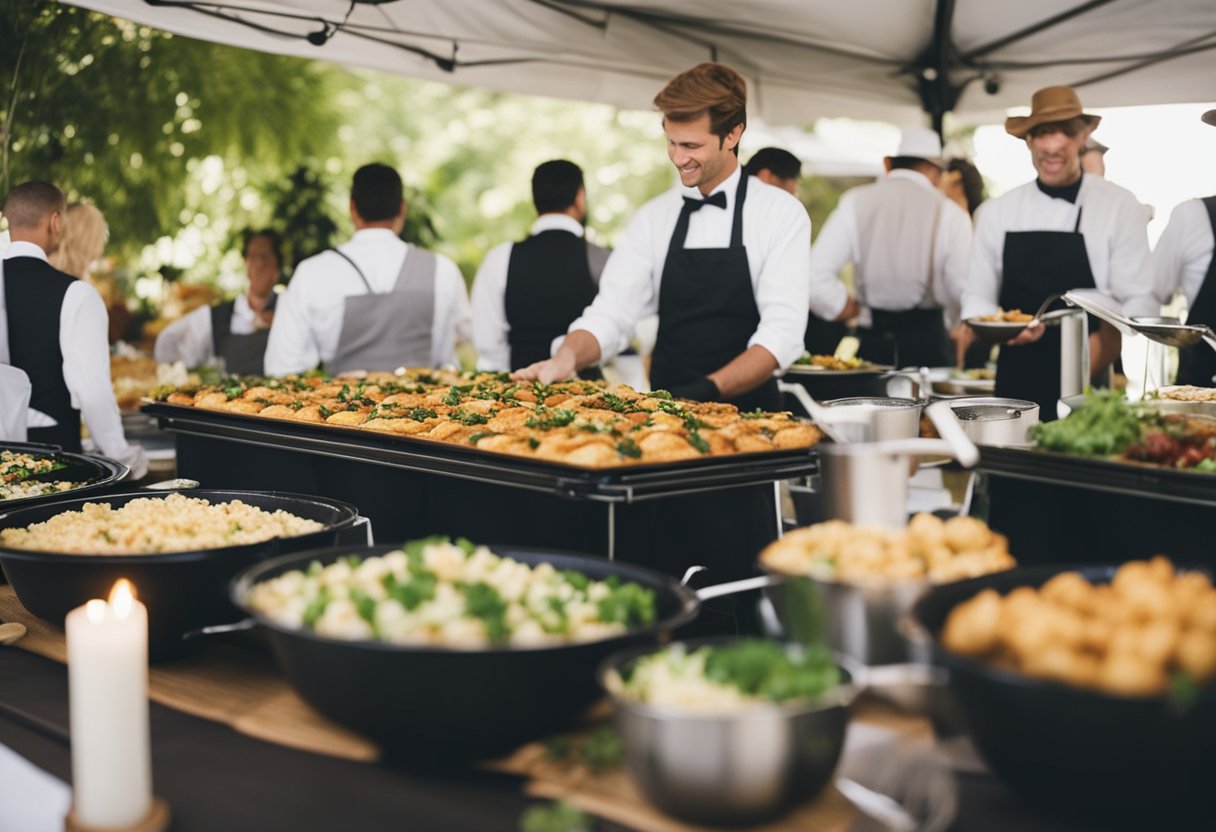 Caterers and vendors bustling around, setting up food stations for 80 guests at a budget-friendly wedding reception