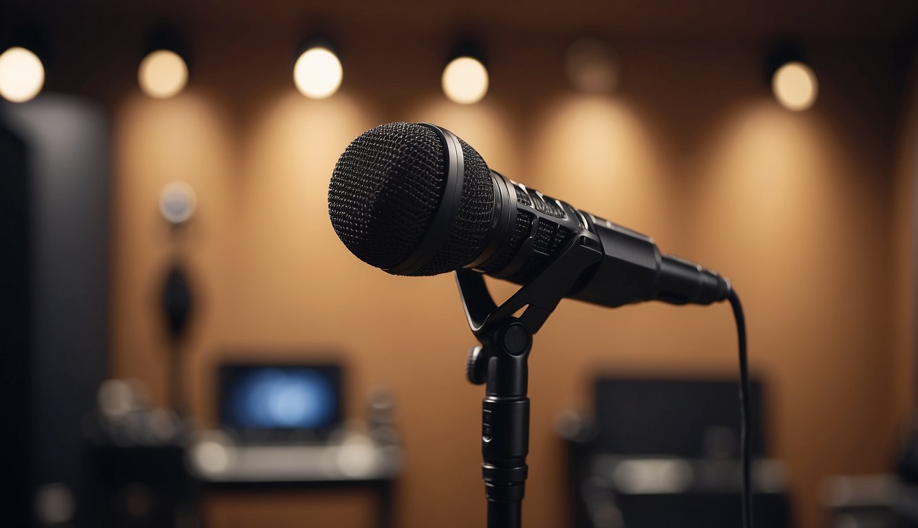 A professional microphone is positioned in front of a soundproofed wall, with adjustable stands and pop filters in place for optimal sound quality