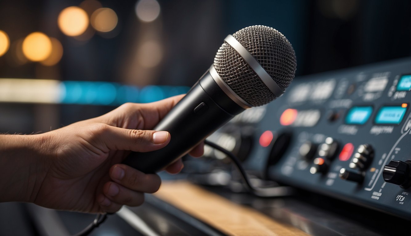 A hand reaches for a budget-friendly professional microphone, surrounded by radio broadcasting equipment