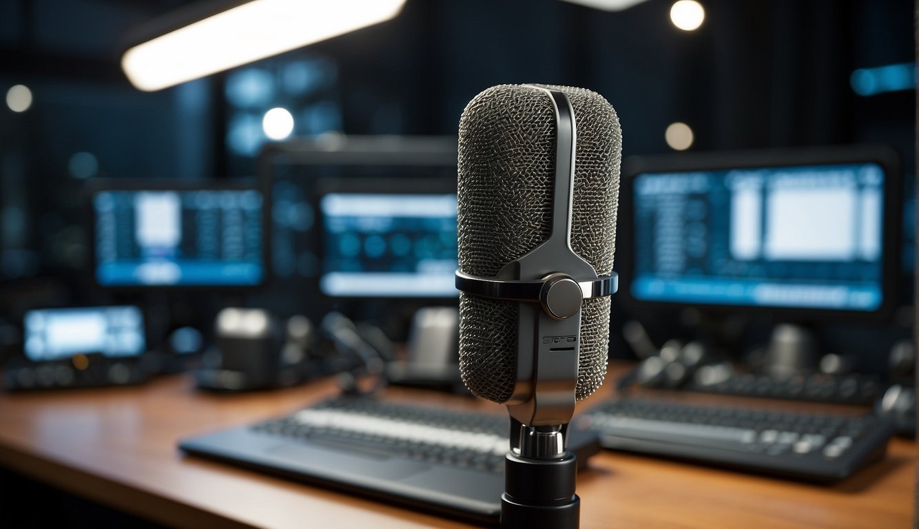 A sleek, modern microphone stands on a professional radio broadcasting desk, surrounded by advanced technological equipment