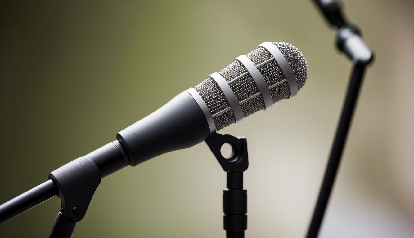 A microphone stand holds a professional microphone, with a pop filter attached. The microphone is positioned at mouth level, with a shock mount to reduce vibrations