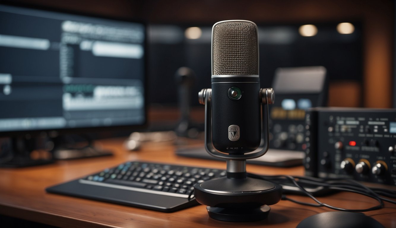A professional microphone sits on a sleek desk in a radio broadcasting studio, surrounded by soundproof panels and recording equipment