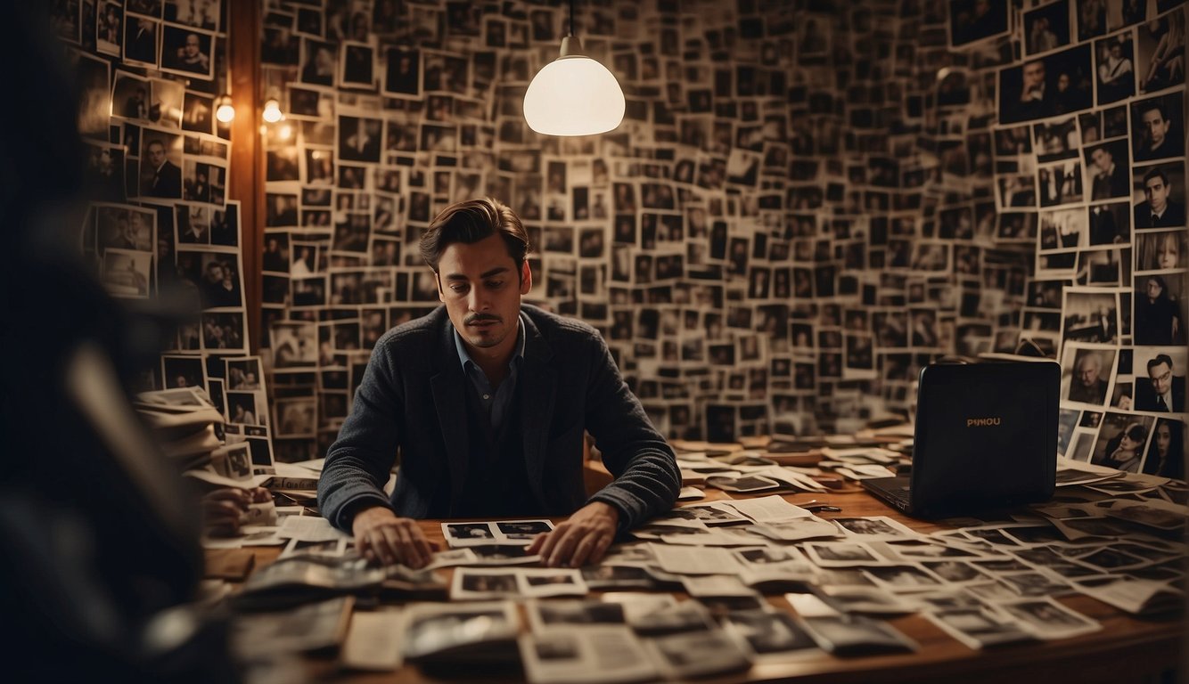 A person sits alone, surrounded by photos and mementos of their father. Their face is filled with sorrow as they struggle to find the right words to express their grief