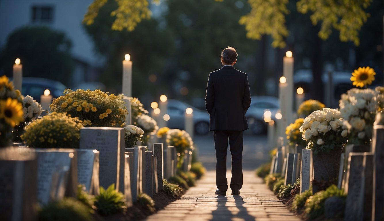 A somber figure stands before a memorial, offering condolences for the unexpected loss of a father. The scene is filled with a sense of grief and support