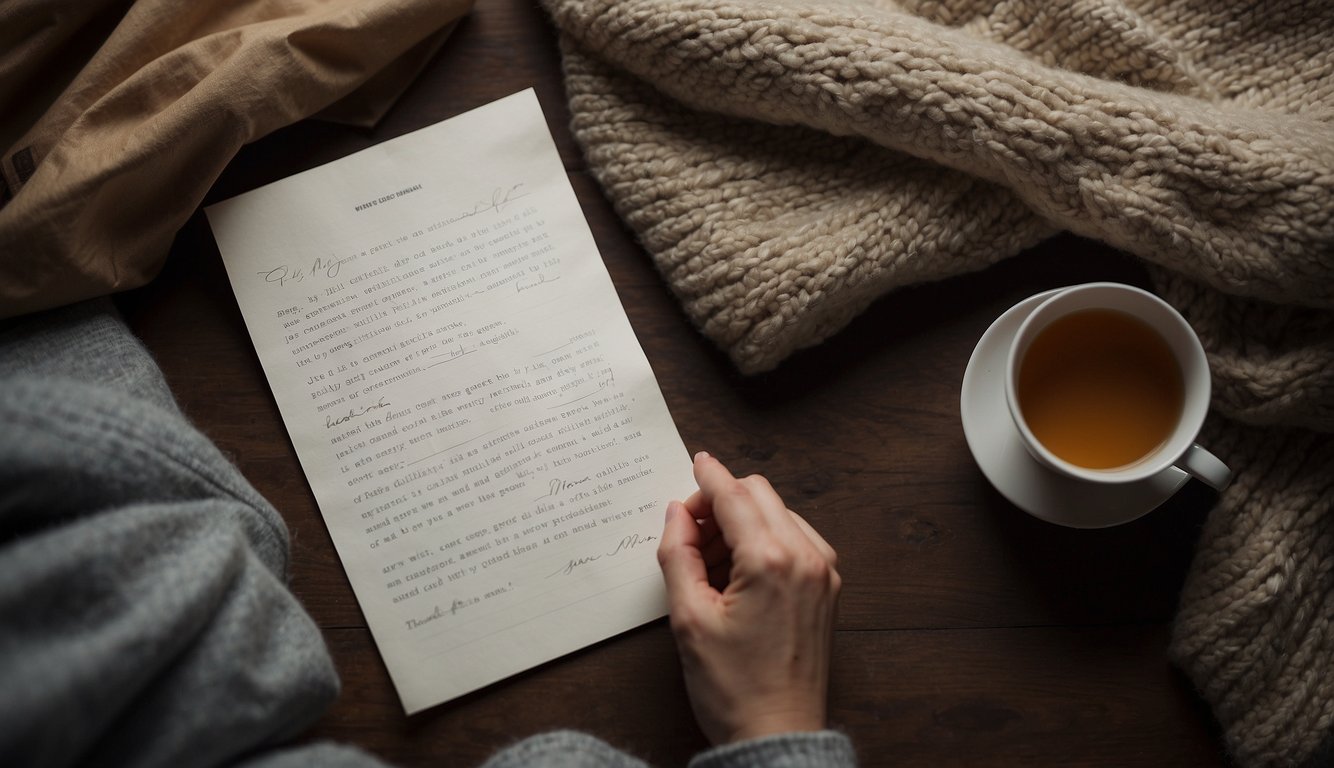 A person sits alone, surrounded by comforting items like a warm blanket and a cup of tea. They hold a handwritten note with a sympathetic message