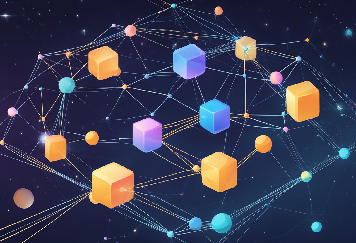 A network of interconnected nodes with data blocks floating in space, representing the COSMOS blockchain ecosystem