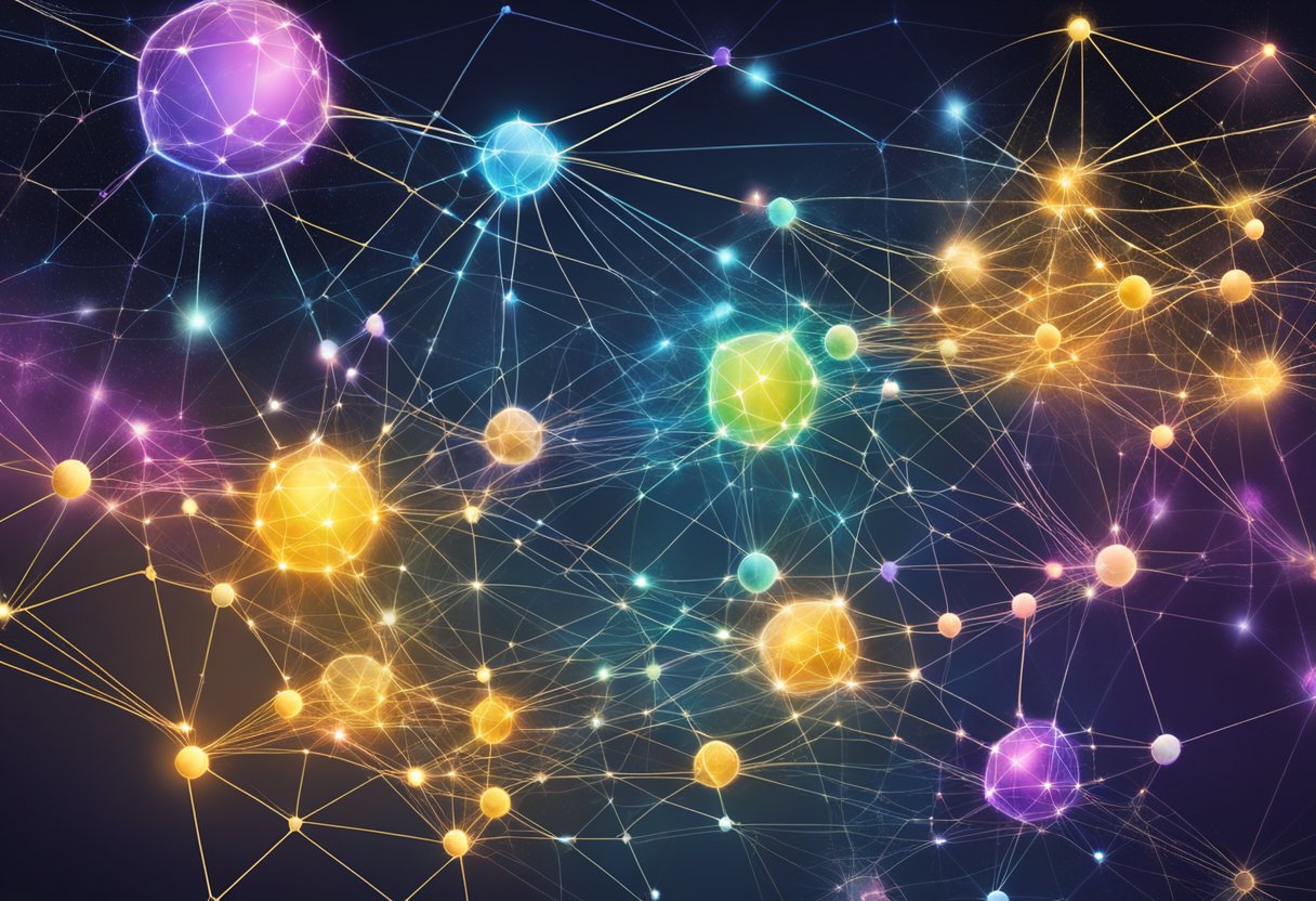 A vibrant, interconnected network of digital nodes and pathways, representing the complex and dynamic ecosystem of COSMOS blockchain technology