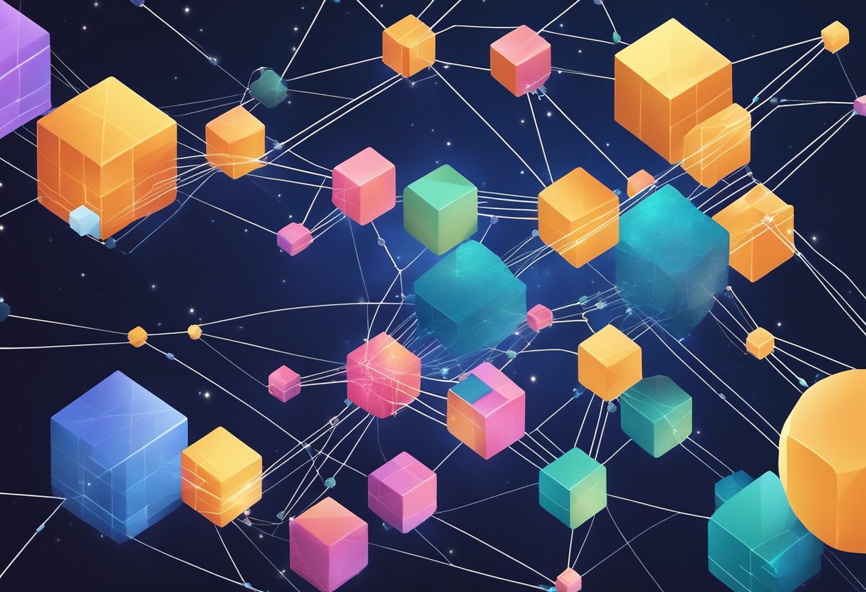 A network of interconnected blocks in space, representing the consensus mechanism in the COSMOS blockchain ecosystem