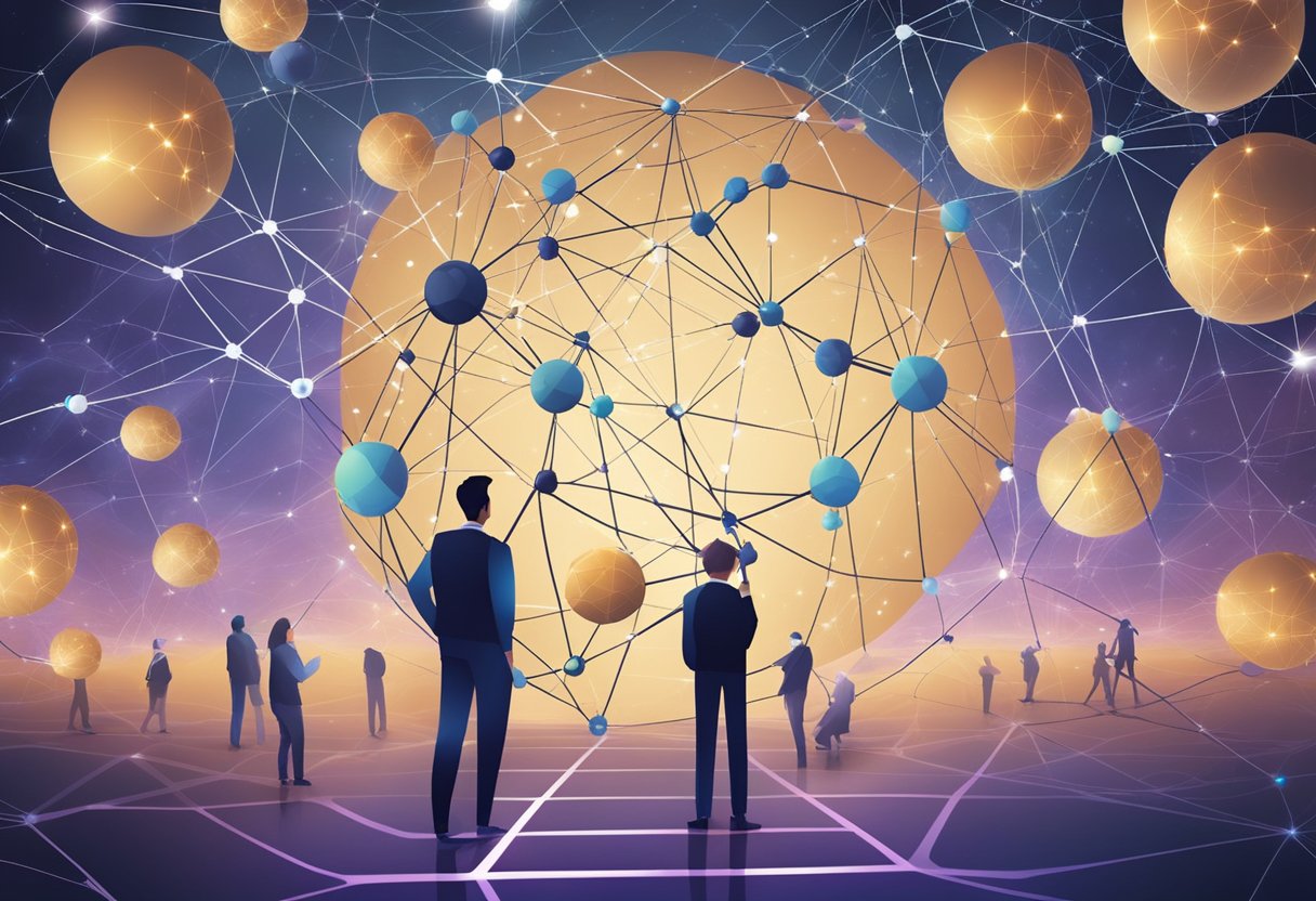 A network of interconnected blockchain ecosystems, symbolized by COSMOS tokens, demonstrating the economic activity within the digital space