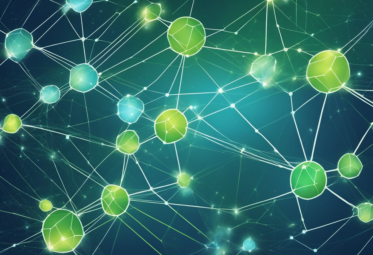 A network of interconnected nodes with blockchain symbols floating in space. Blue and green hues represent security and eco-friendly aspects of the COSMOS ecosystem