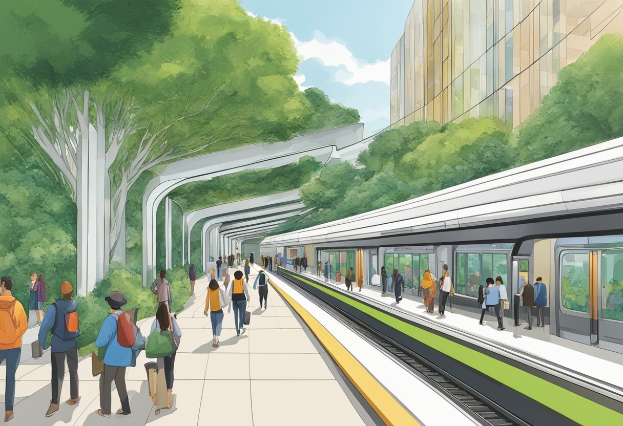 The Gardens metro station bustles with commuters. The platform is lined with sleek, modern architecture and vibrant, lush greenery. A train arrives, and passengers board and disembark