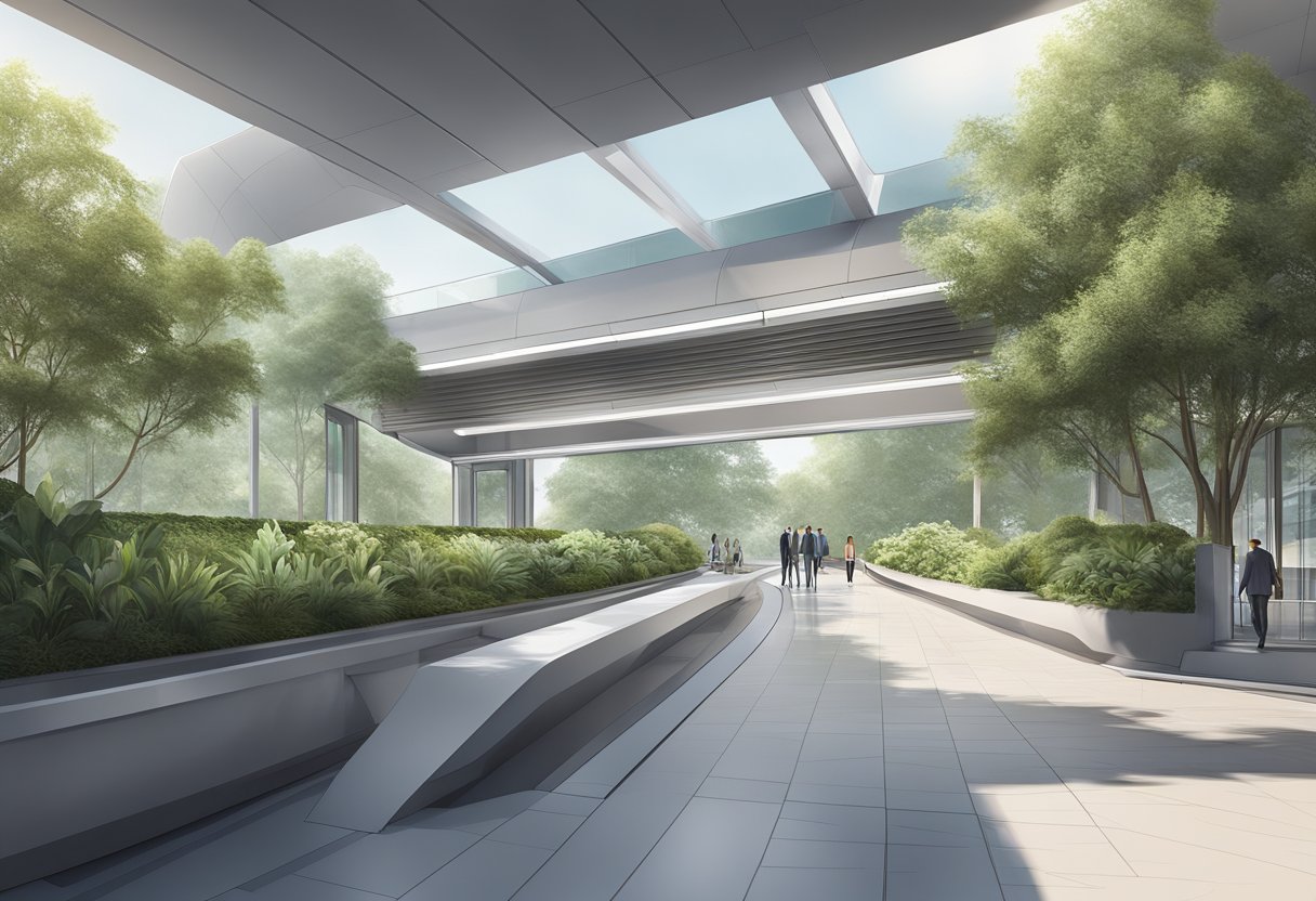 The Gardens metro station features sleek, modern architecture with clean lines and a minimalist design. The station is adorned with greenery and natural elements, creating a harmonious blend of urban and natural surroundings
