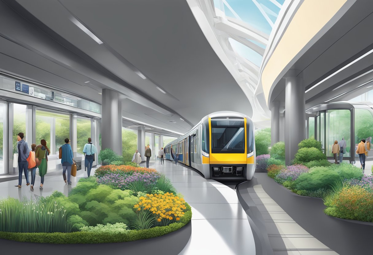 The Gardens metro station bustles with commuters. A sleek, modern design with glass walls and lush greenery. Trains arrive and depart, while people move throughout the station