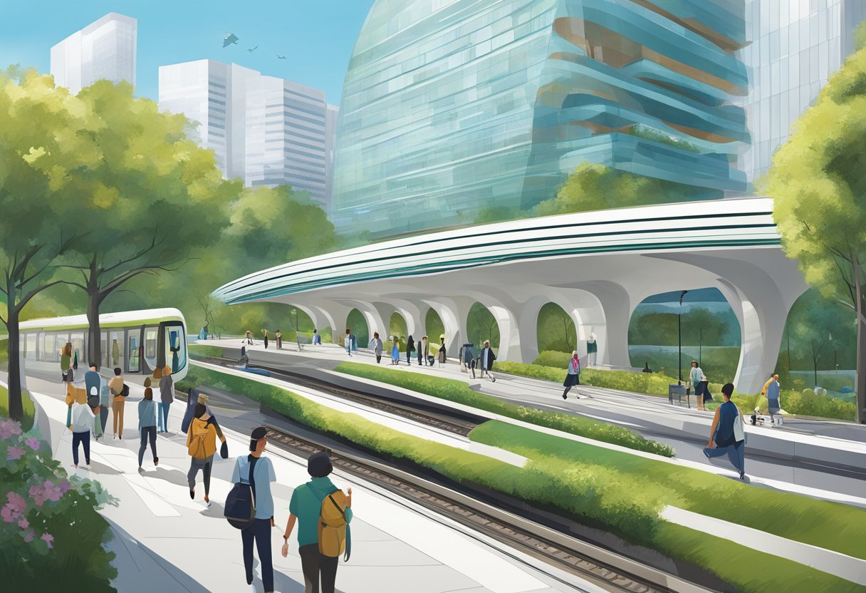The Gardens metro station bustles with commuters and futuristic architecture, featuring sleek lines and vibrant greenery