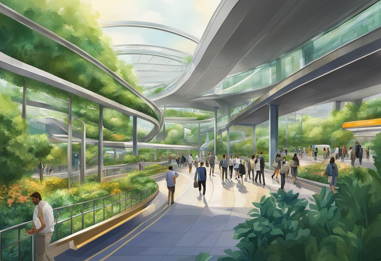 The Gardens metro station bustles with commuters, surrounded by lush greenery and modern architecture