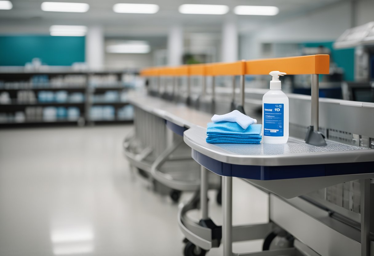 A cleaning cart stocked with disinfectant spray, wipes, and hand sanitizer is parked next to a row of empty desks. A custodian wearing gloves and a mask is wiping down surfaces with a cloth