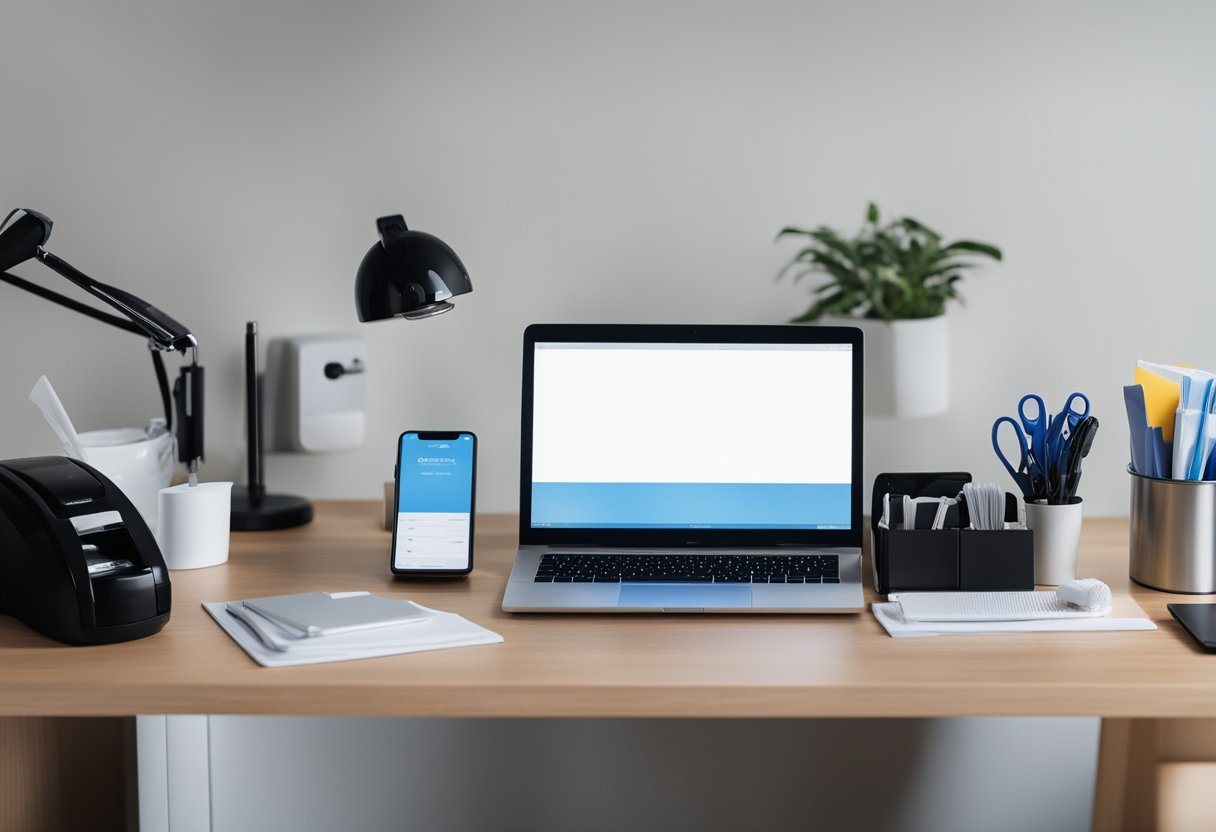 A cluttered office desk with a computer, phone, and various office supplies. A hand sanitizer and disinfectant wipes are visible, along with a trash can for disposing of used tissues