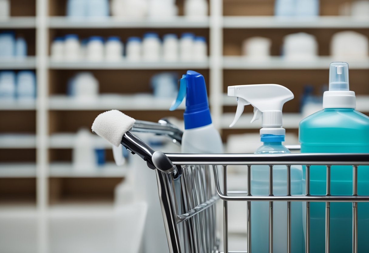 A cleaning cart stocked with disinfectant spray, wipes, and gloves. A desk being wiped down with a disinfectant wipe. A spray bottle being used to sanitize doorknobs and light switches