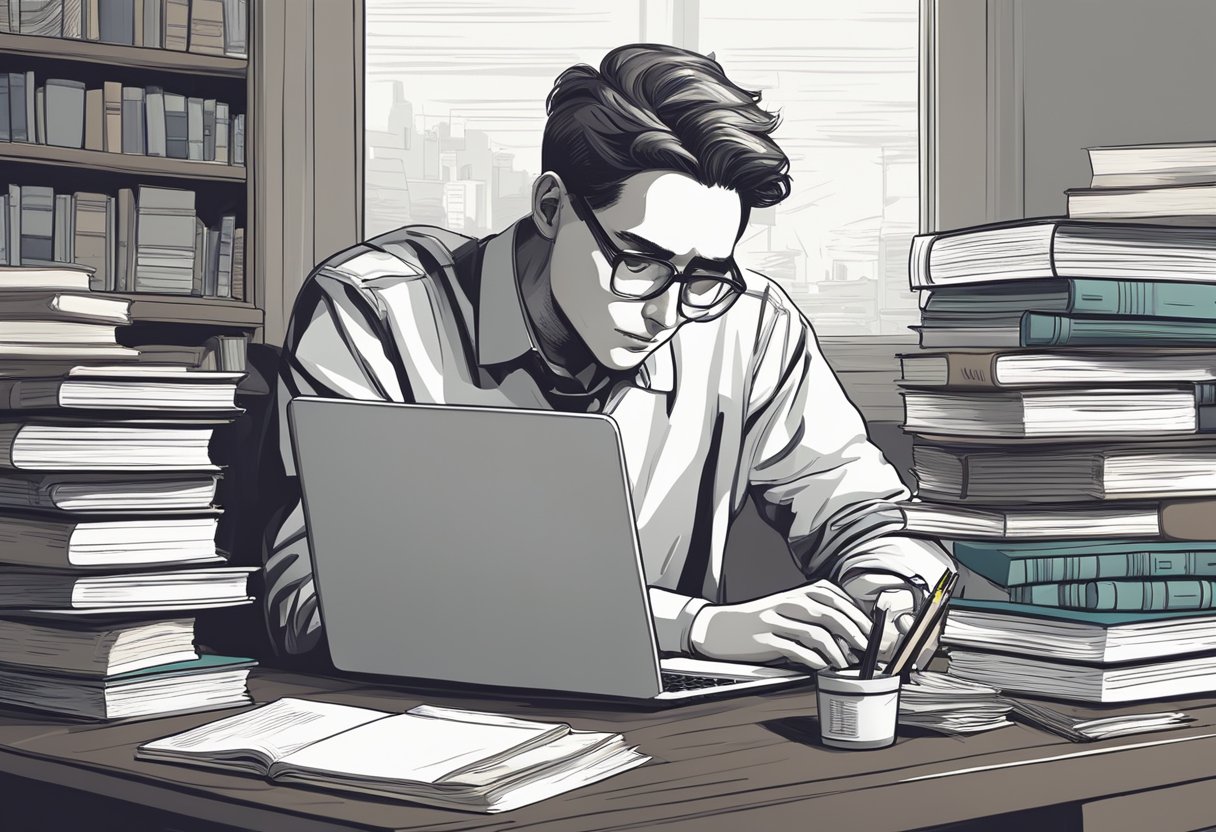 A person sits at a desk with a laptop, surrounded by books and papers. They are deep in thought, typing and taking notes, with a determined expression