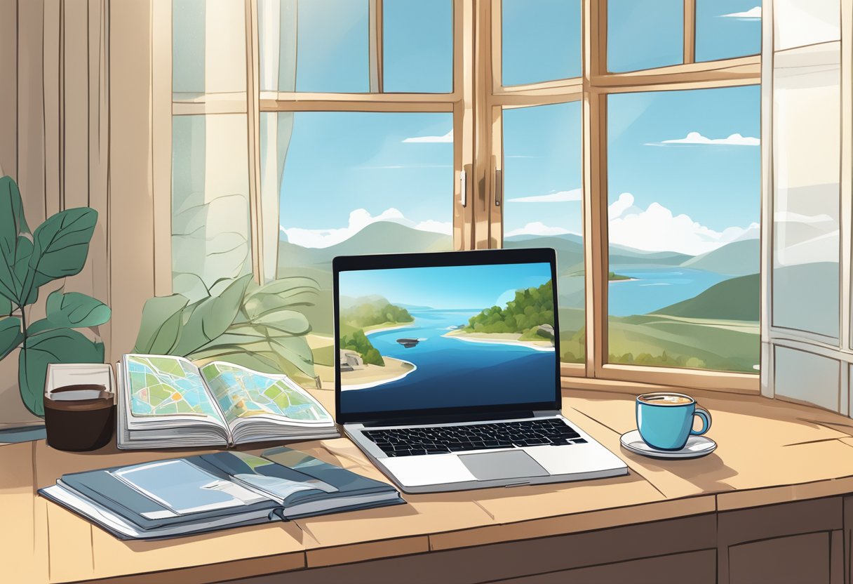 A laptop surrounded by travel guides, maps, and a camera, with a cup of coffee and a notebook nearby. The scene is set near a window with natural light streaming in