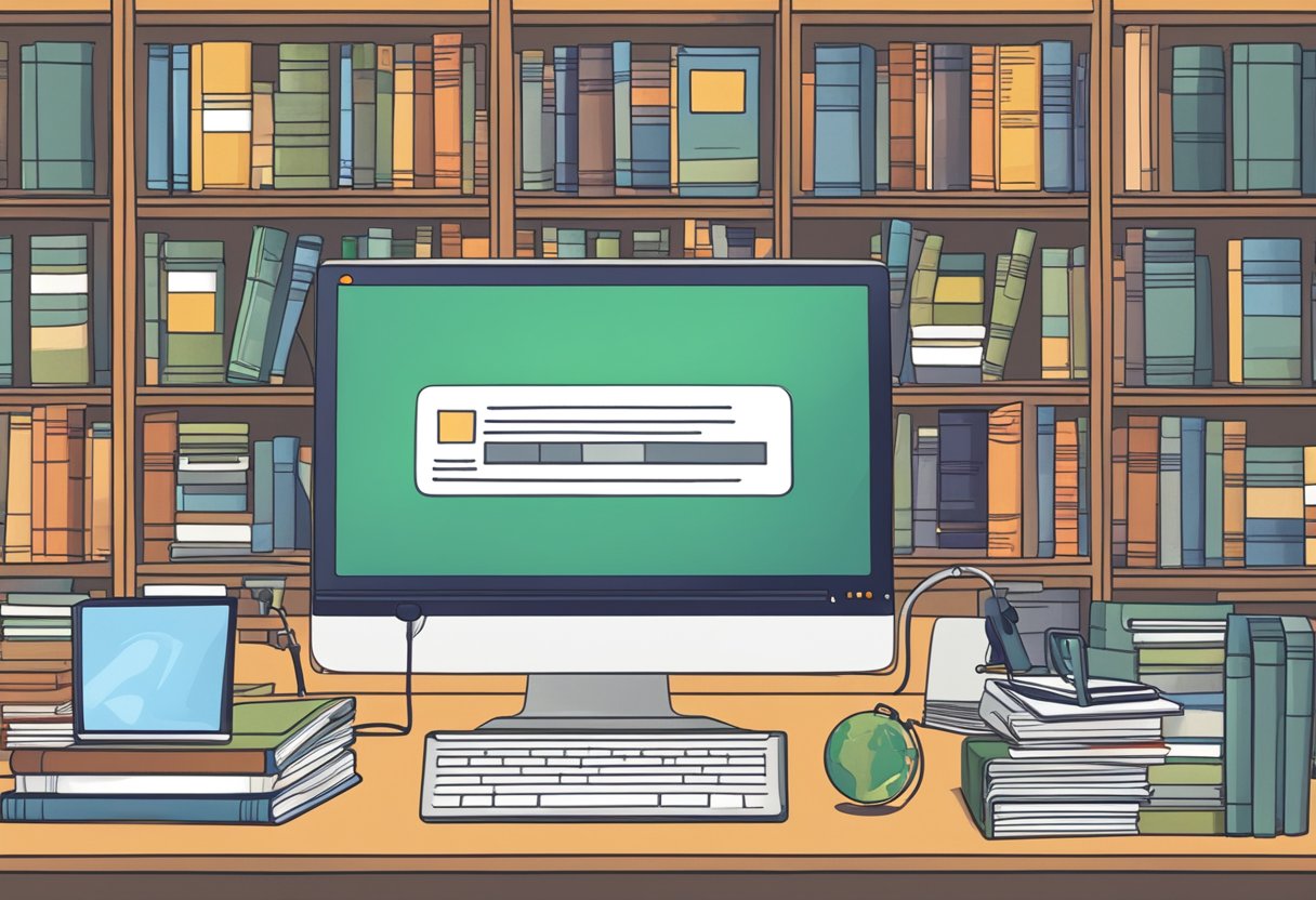 A computer screen with a search engine open, surrounded by books and research materials
