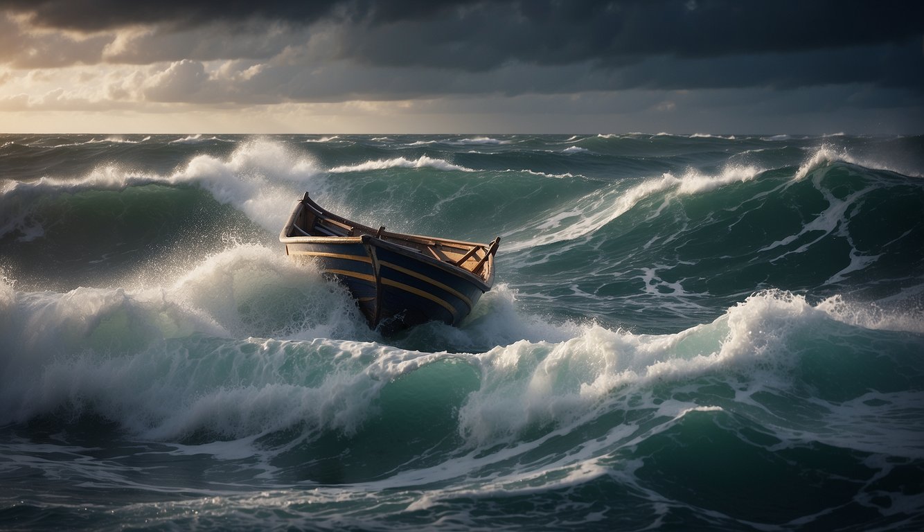 A stormy sea with a small boat struggling against the waves, symbolizing the hardships and challenges faced by the Bible characters