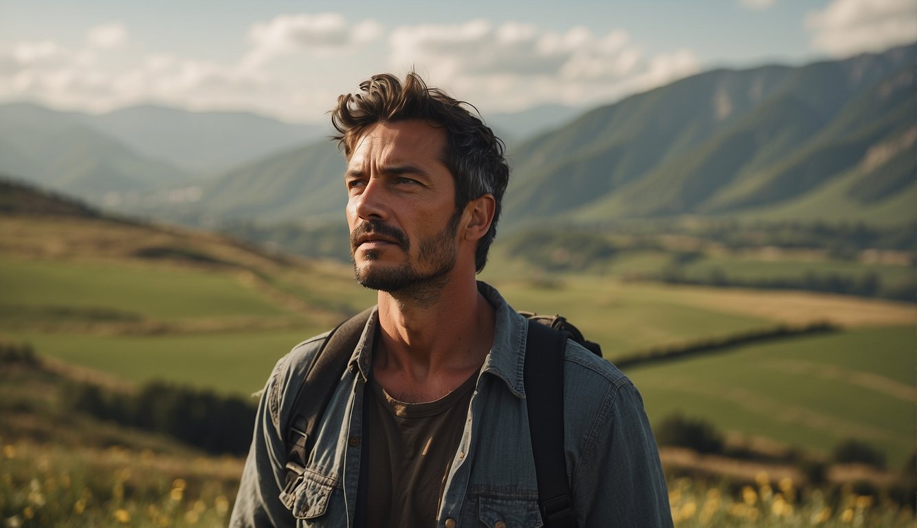 A man in tattered clothing looks up at the sky with determination, surrounded by fields and distant mountains