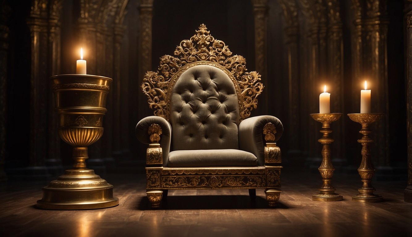 A crown sits atop a regal throne, surrounded by ancient scrolls and a golden goblet. The room is dimly lit, with shadows dancing across the ornate walls