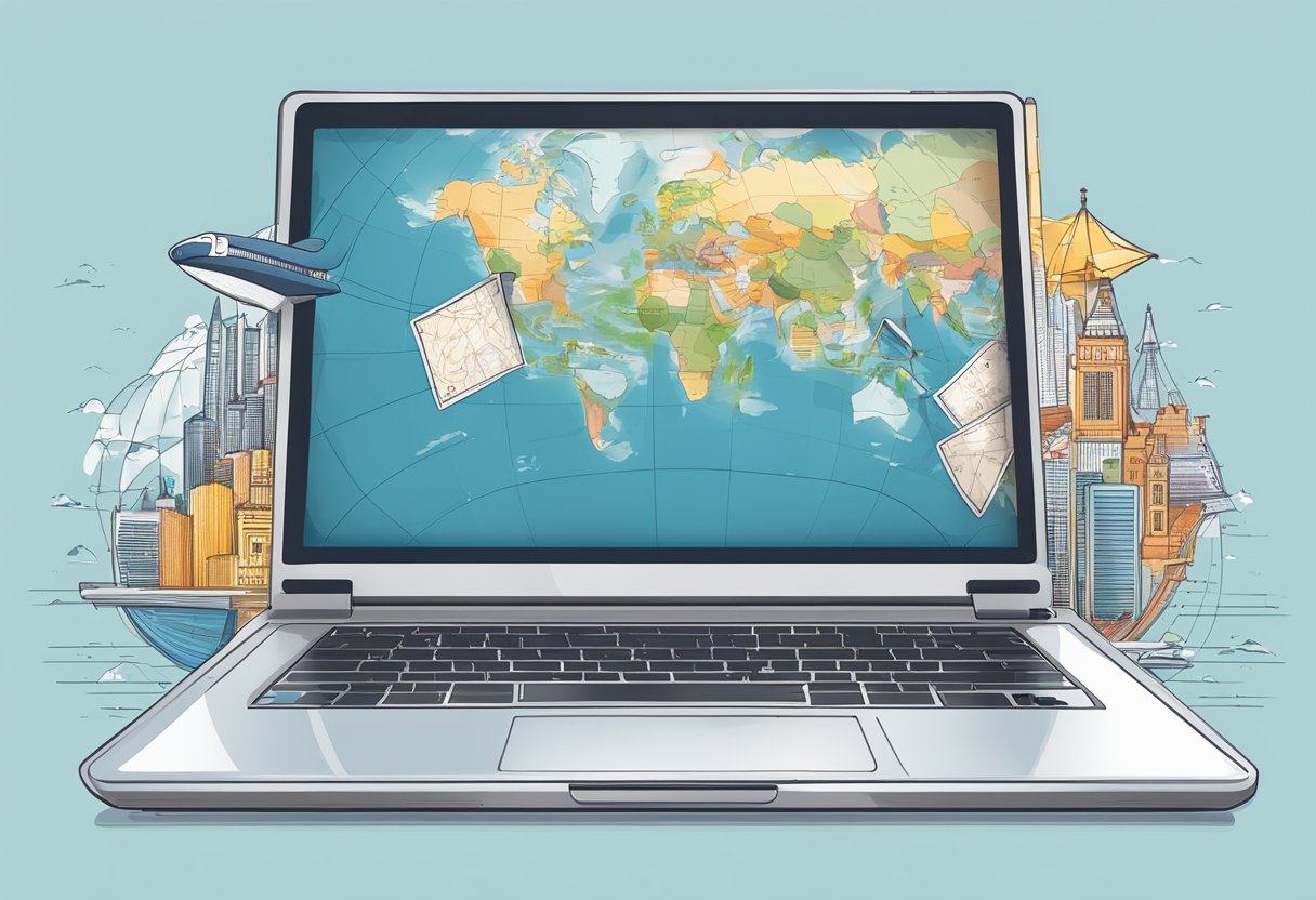 A laptop with travel photos, a world map, and social media icons