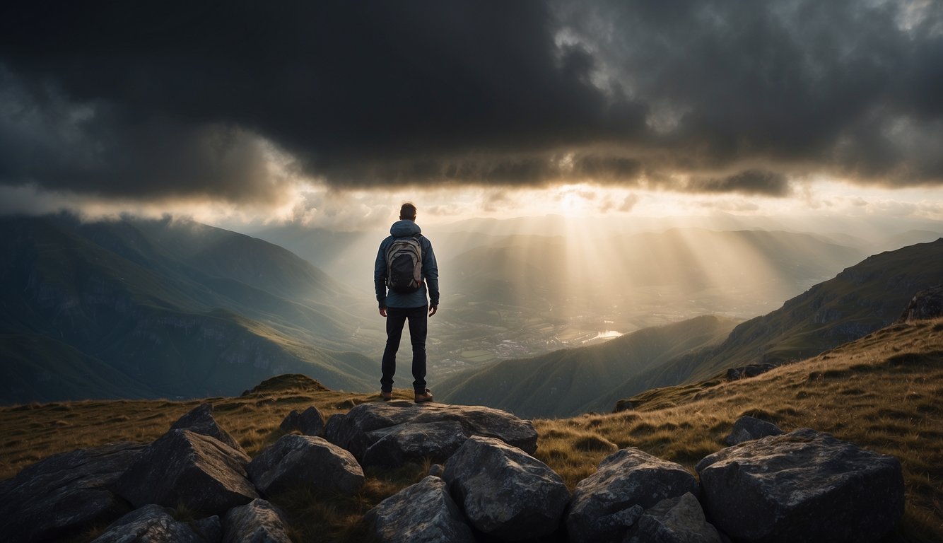 A figure stands on a mountaintop, surrounded by storm clouds. A beam of light shines down on them, illuminating their face with a look of determination and hope
