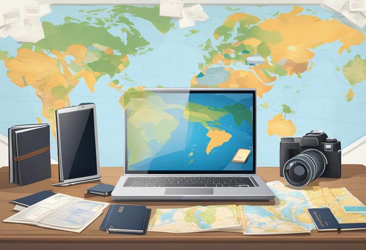 A laptop, camera, and travel guidebooks on a desk with a world map in the background. A passport and plane tickets are scattered on the table