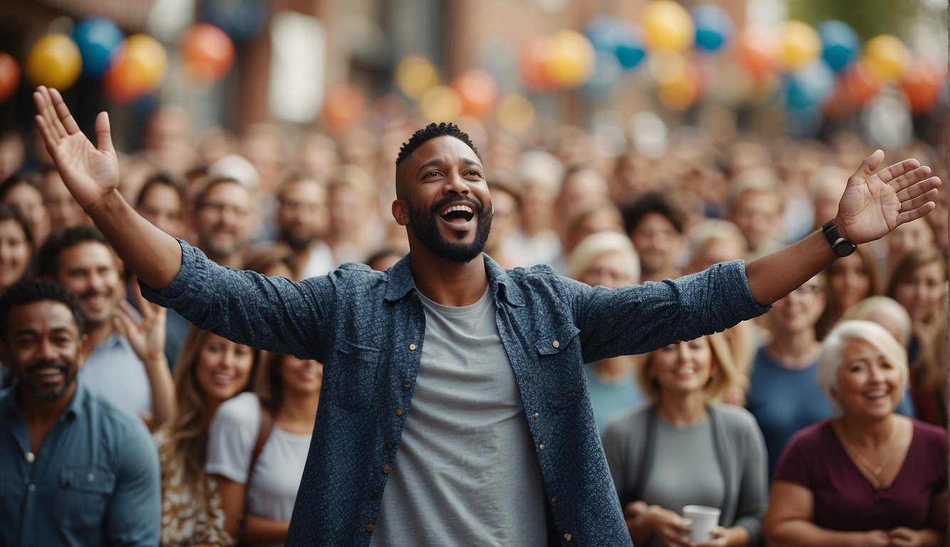 A man preaching to a diverse crowd, with open arms and a welcoming expression. The scene is filled with people from different backgrounds, symbolizing the message of inclusivity and acceptance