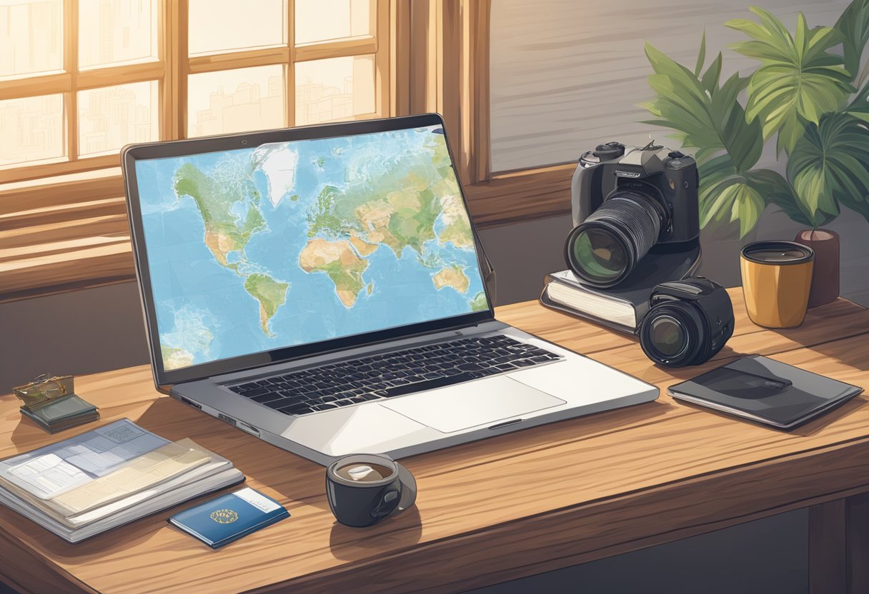 A laptop, camera, and notebook sit on a wooden desk next to a world map and passport. The window is open, letting in natural light
