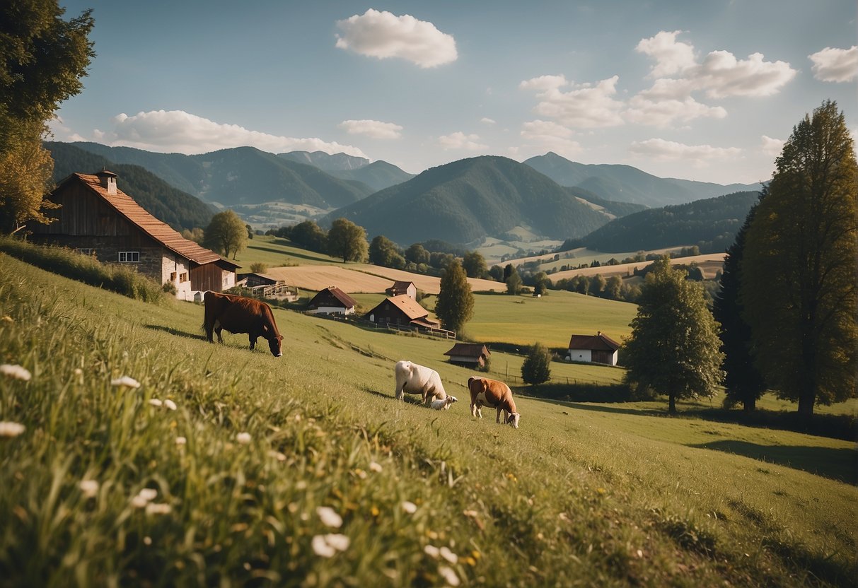 A rustic farm nestled in the Austrian countryside, with a traditional barn, rolling hills, and grazing animals