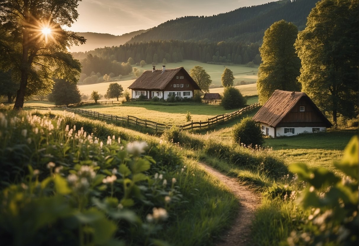 A peaceful scene at Bio Archehof Eislbauer, with lush green fields, grazing animals, and a rustic farmhouse with a sign displaying "Annehmlichkeiten und Service."