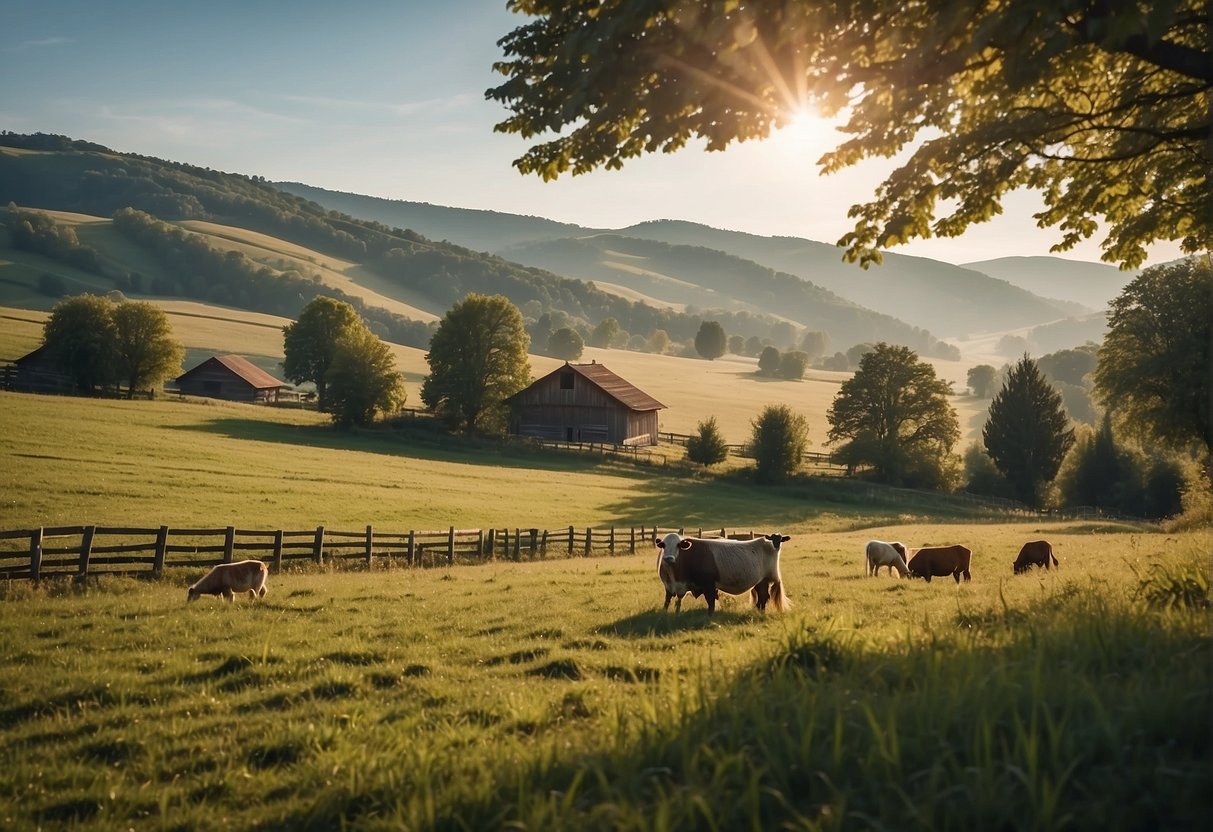 A serene farm landscape with grazing animals, a rustic barn, and rolling hills at Bio Archehof Eislbauer