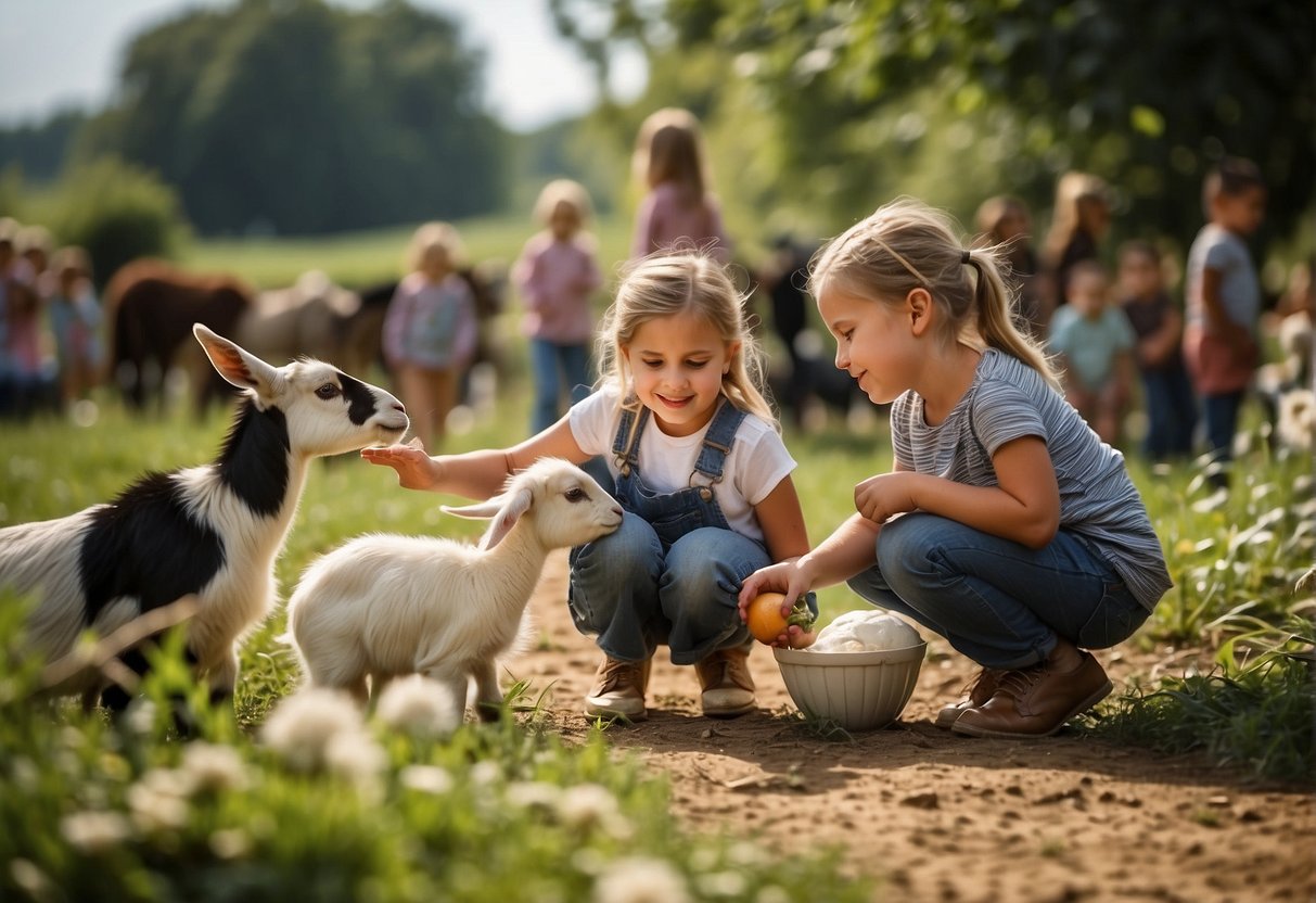 Children playing with animals at Bio Archehof Eislbauer, feeding goats, petting rabbits, and collecting eggs. Adults enjoying nature walks and picking fresh fruits and vegetables from the farm