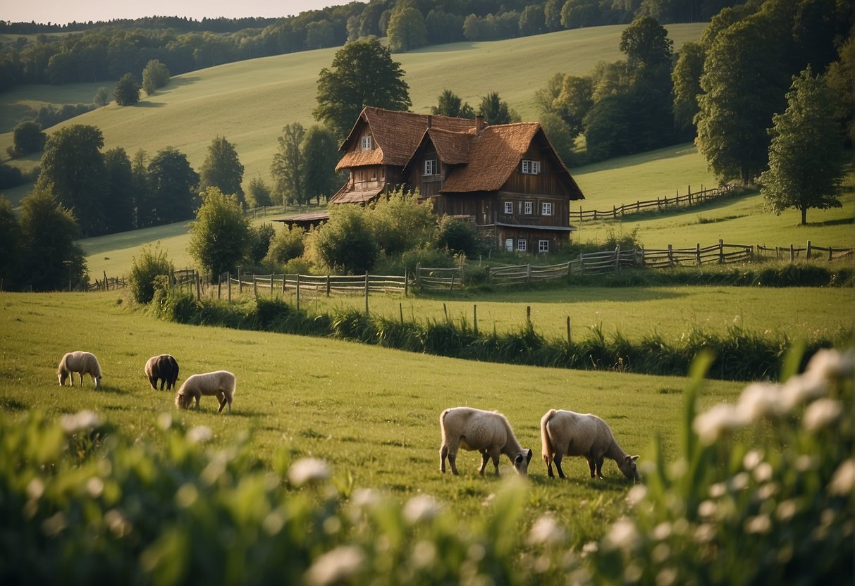 Lush green fields surround the rustic Archehof Eislbauer, with grazing animals and a charming farmhouse