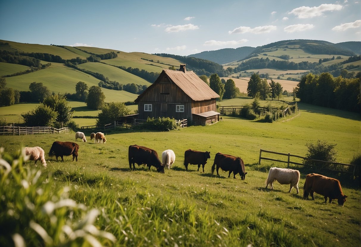 The Bio Archehof Eislbauer is a picturesque farm with rolling green hills, a charming barn, and grazing animals. The scene is peaceful and idyllic, with a clear blue sky and vibrant plant life