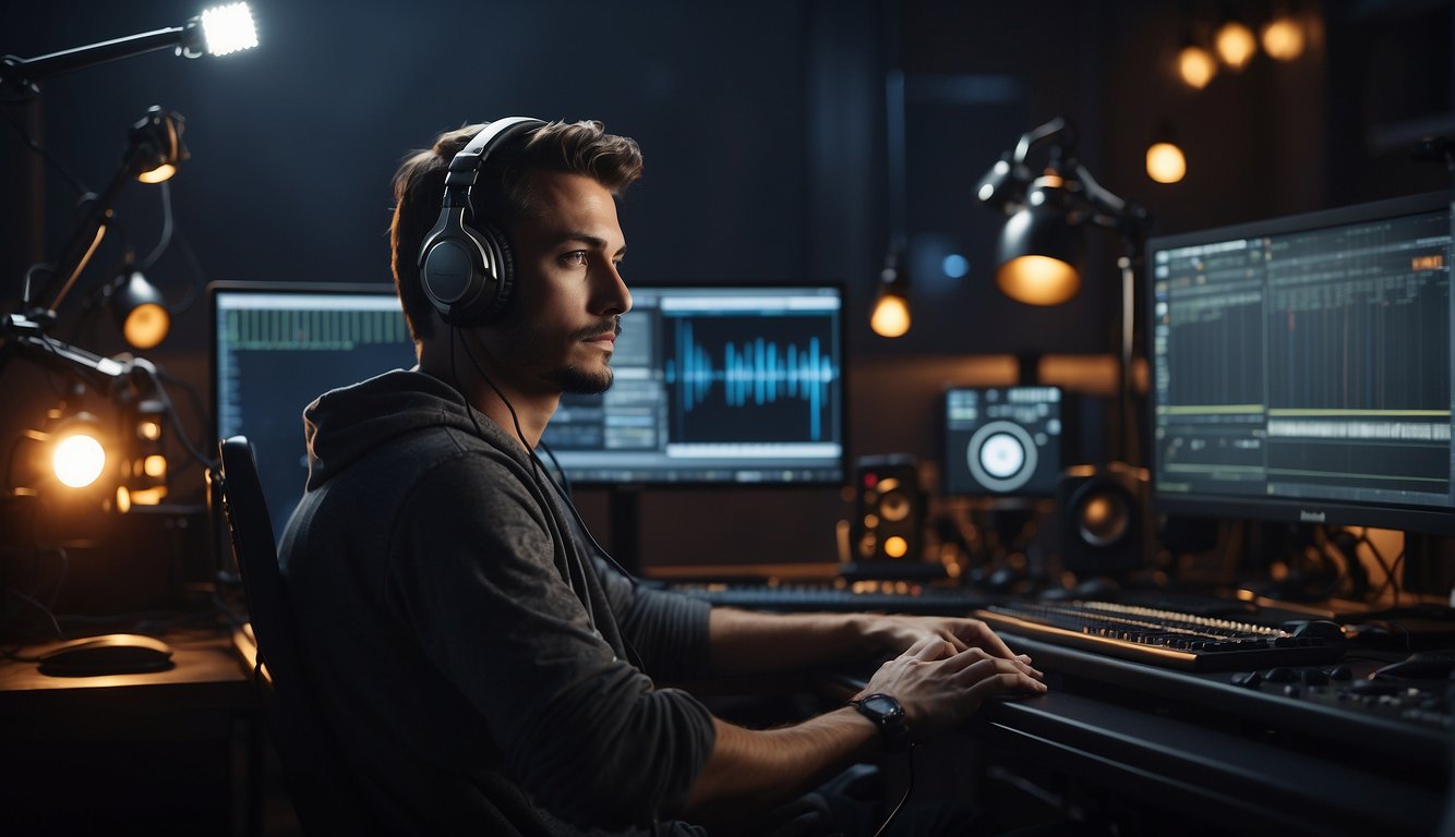 A sound designer sits at a computer, surrounded by audio equipment and monitors. They are editing and creating sound effects for a video game, with a focused and determined expression on their face