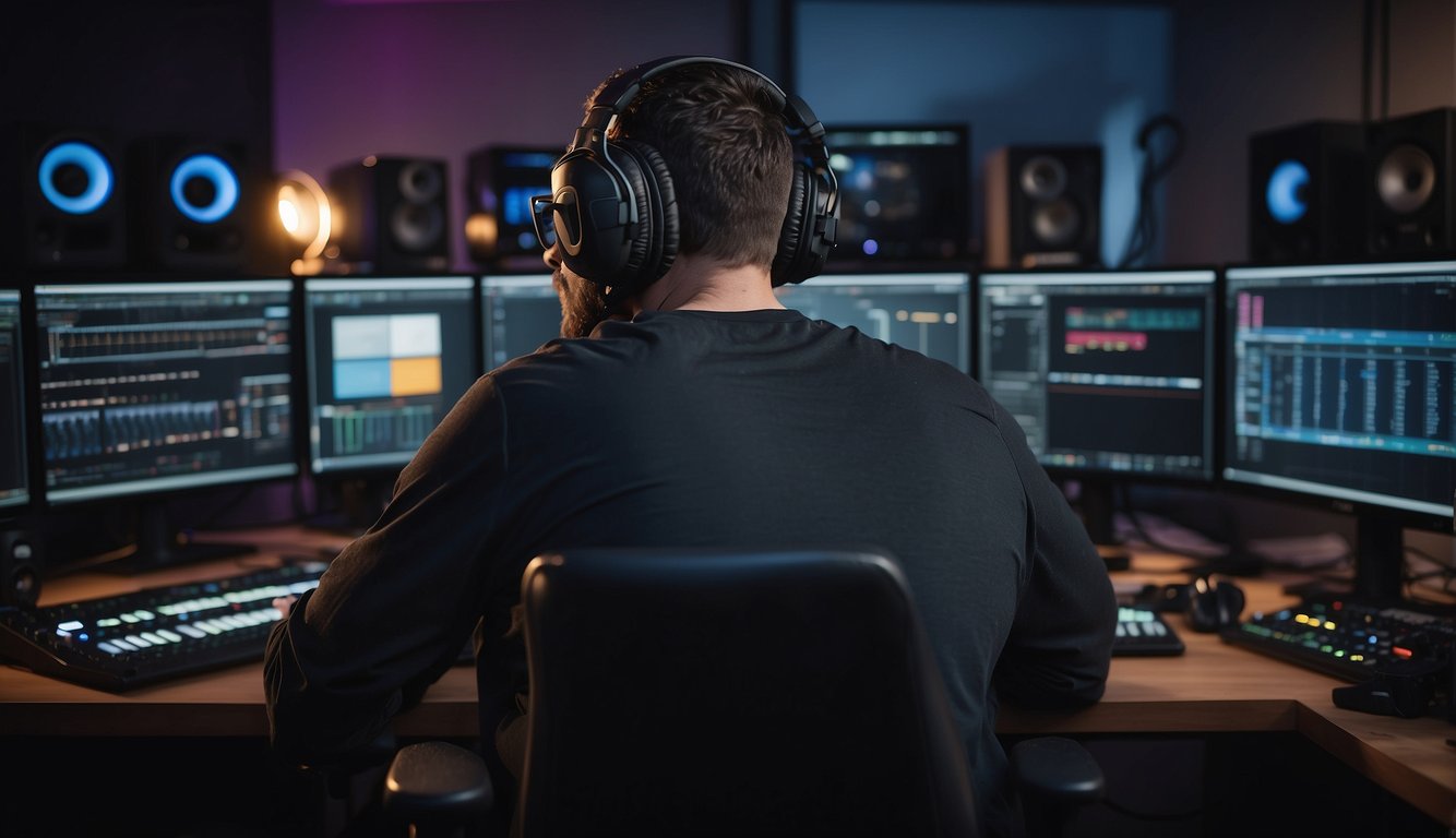 A sound designer sits at a computer, surrounded by various audio equipment and software. They are focused on creating and editing sounds for a video game, with headphones on and a determined expression
