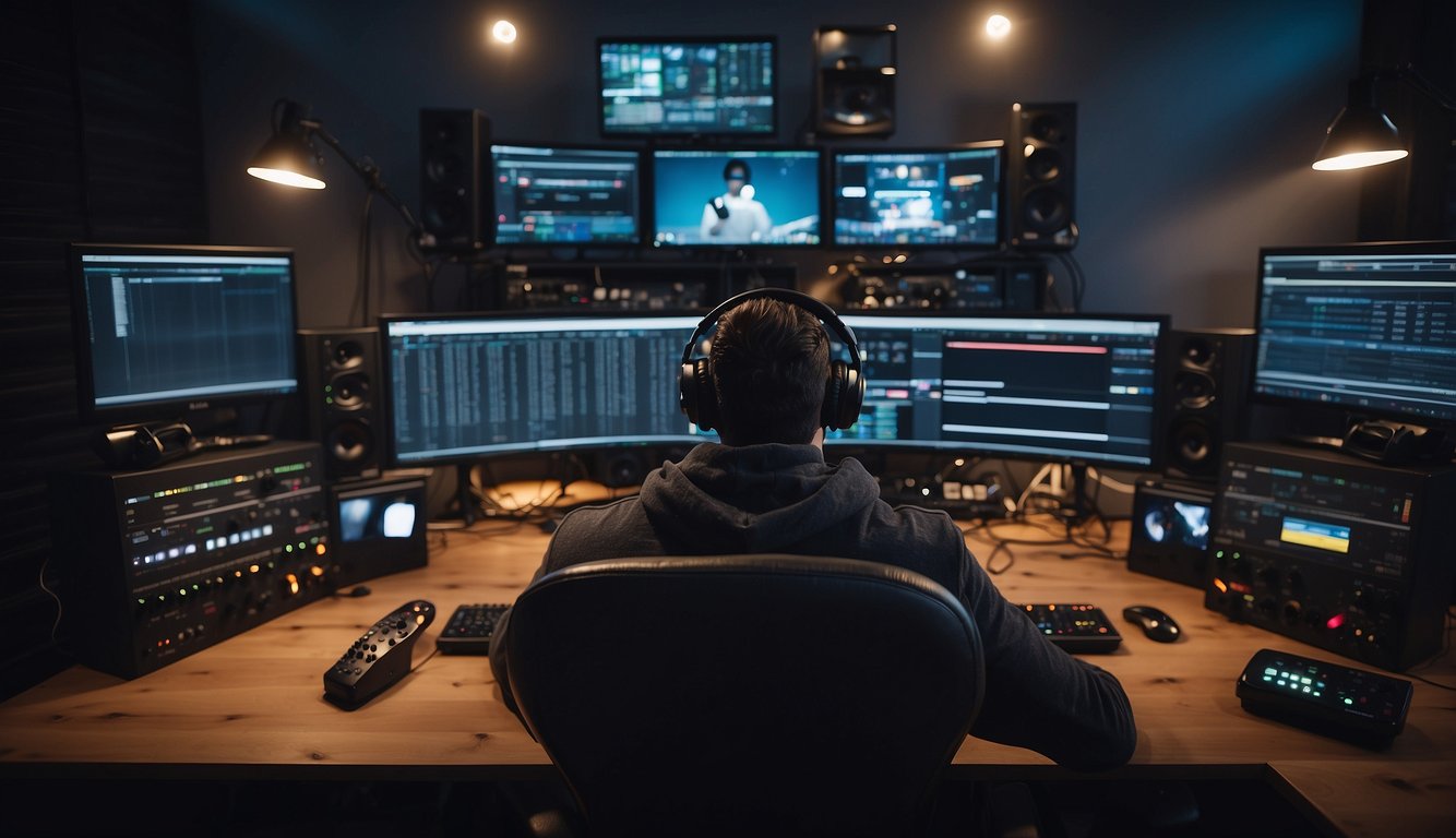 A sound designer sits at a computer, surrounded by audio equipment and video game consoles. They are editing and mixing sound effects for a virtual environment