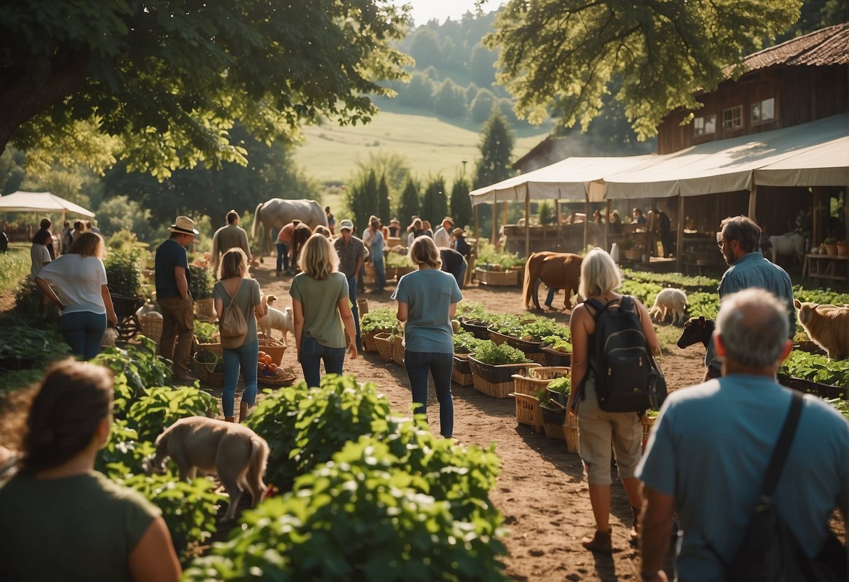 A diverse group of visitors explore the organic farm, Eislbauer, with families, couples, and solo travelers enjoying the animals, gardens, and products
