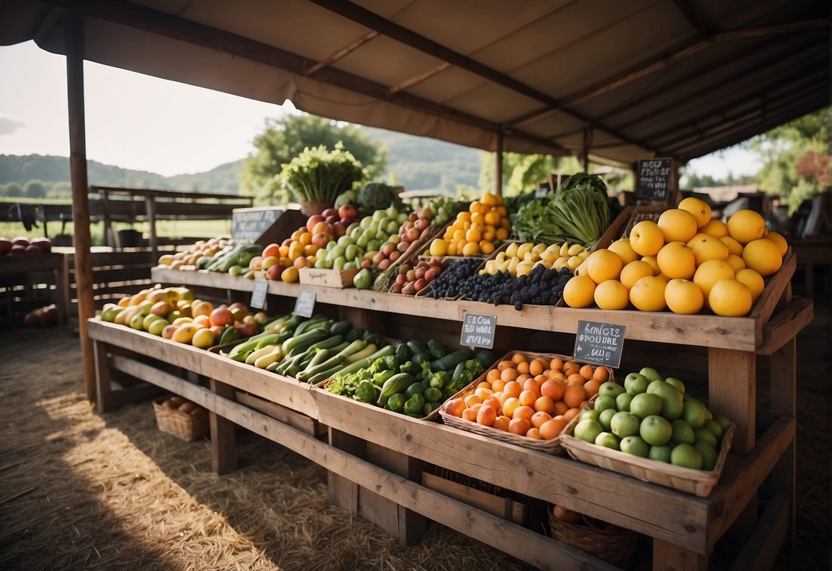 A rustic farm with a variety of organic produce, including fruits, vegetables, and dairy products, displayed in a charming market setting