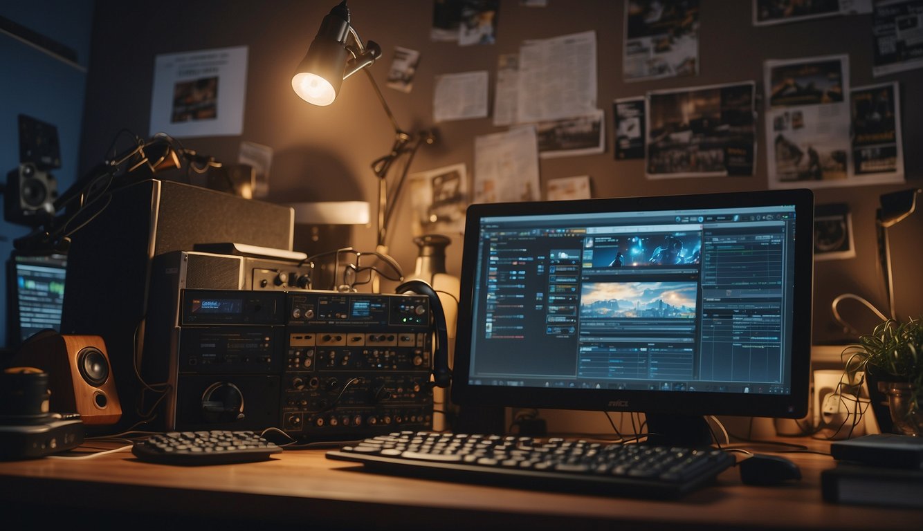 A cluttered desk with headphones, a computer, and sound mixing equipment. Posters of video game characters line the walls, inspiring creativity. A notebook filled with scribbled ideas sits open next to a cup of coffee