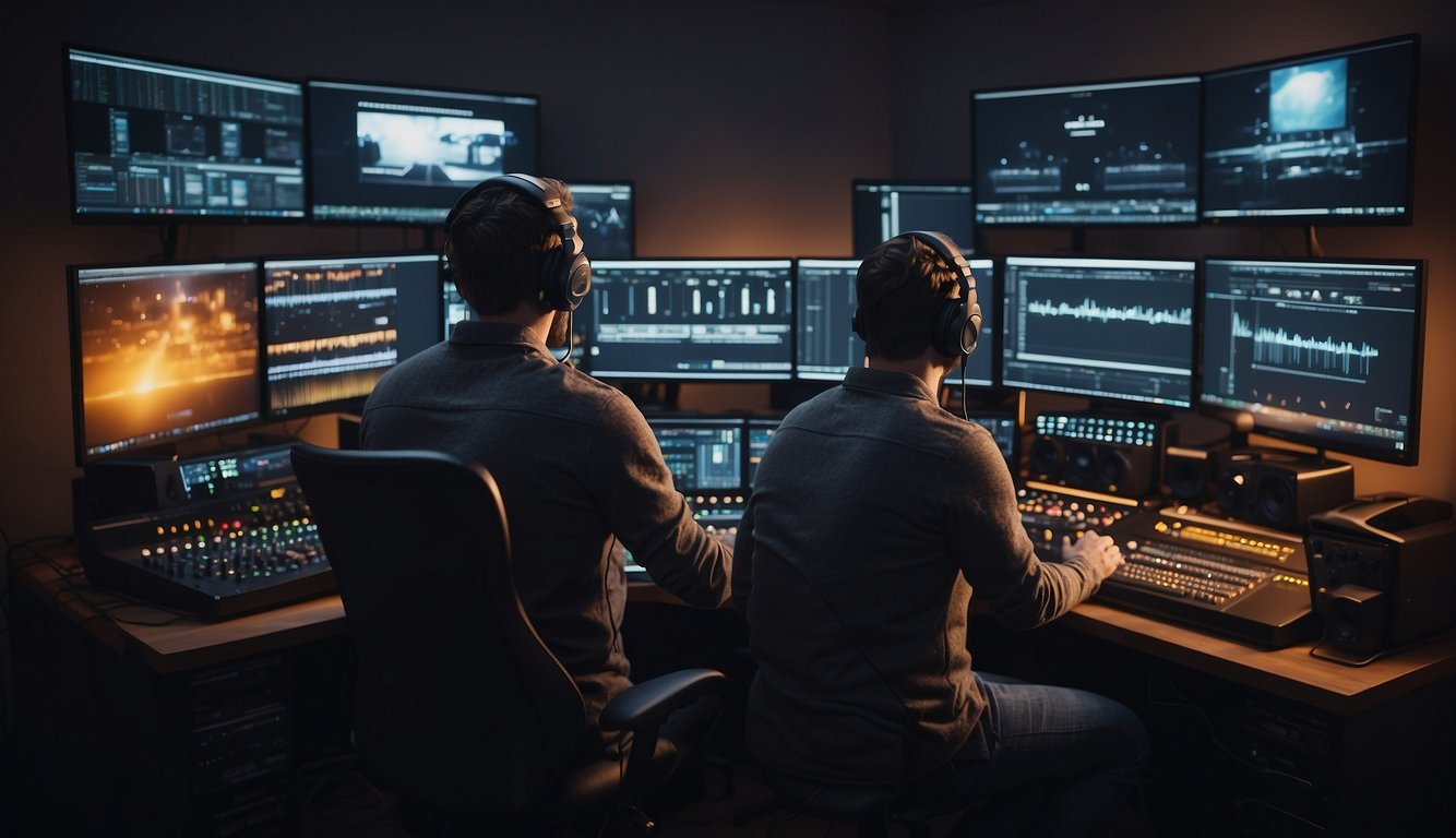A sound designer sits at a computer, surrounded by audio equipment and video game consoles. They are editing and mixing audio files while referencing game footage on a large screen