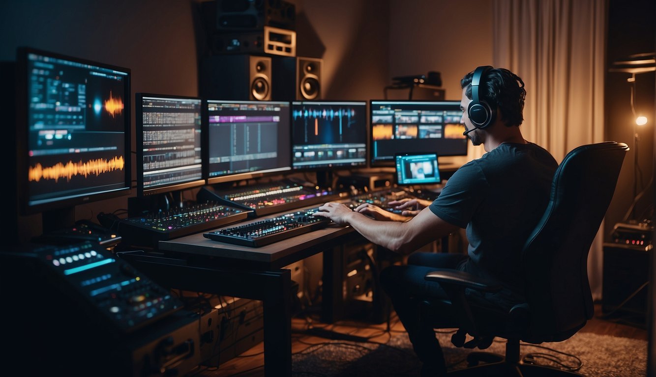 A sound designer sits at a computer, surrounded by audio equipment and video game consoles. They are deep in thought, listening to various sound effects and music tracks while creating immersive audio experiences for video games