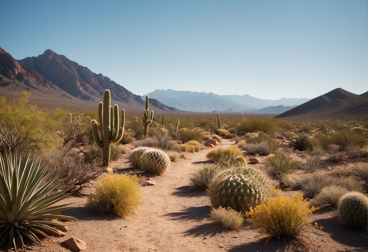 A serene desert landscape with winding trails, cacti, and mountains in the distance. Signs along the path highlight safety and trail etiquette tips