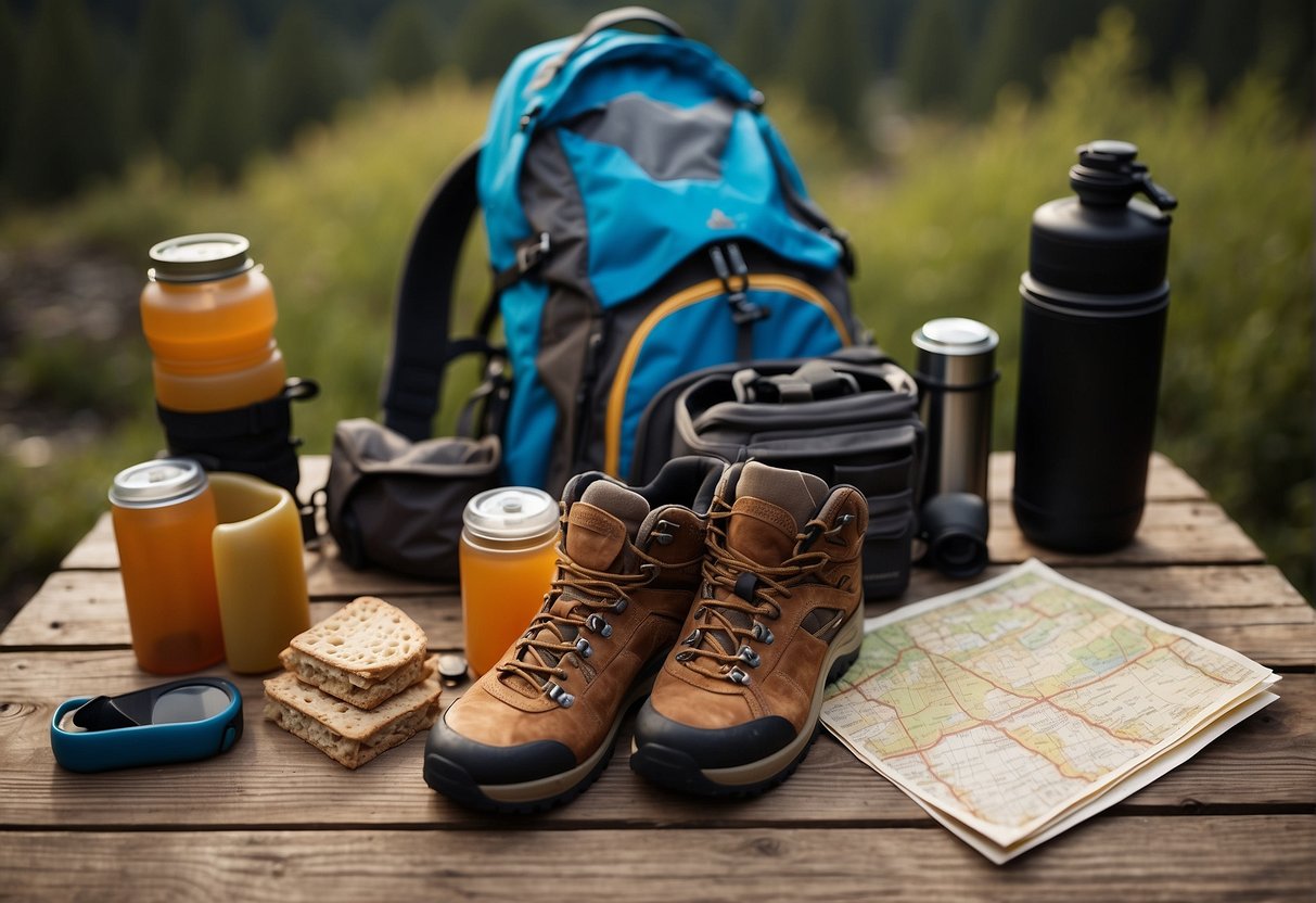 Hiking gear laid out on a wooden table with a map, water bottle, and trail snacks. A pair of hiking boots and a backpack ready to go