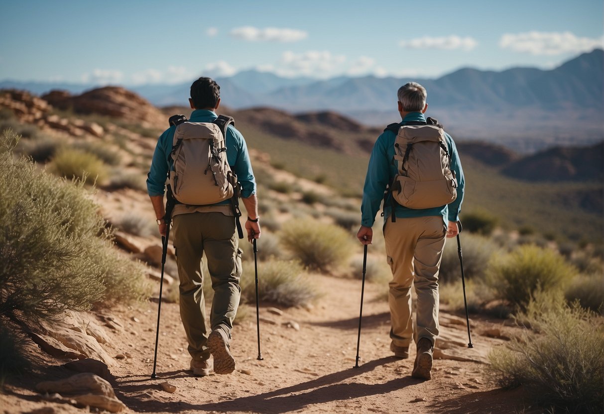 Hikers traverse rugged desert terrain, following marked trails with scenic vistas and diverse flora and fauna